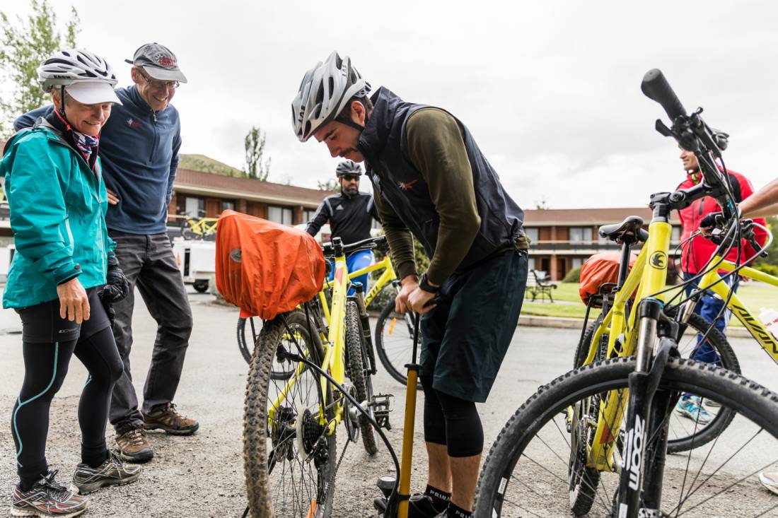 Guides making sure our bikes are ready to ride the trails | <i>Lachlan Gardiner</i>