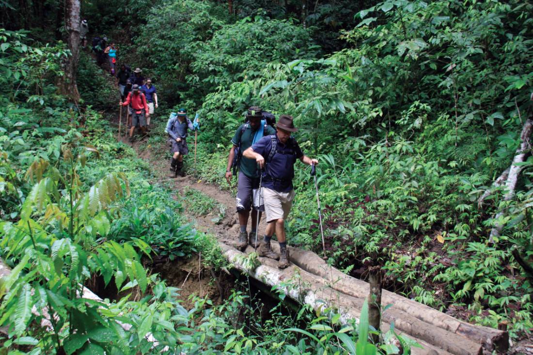 Crossing a makeshift bridge along the Kokoda Track |  <i>Ken Harris</i>