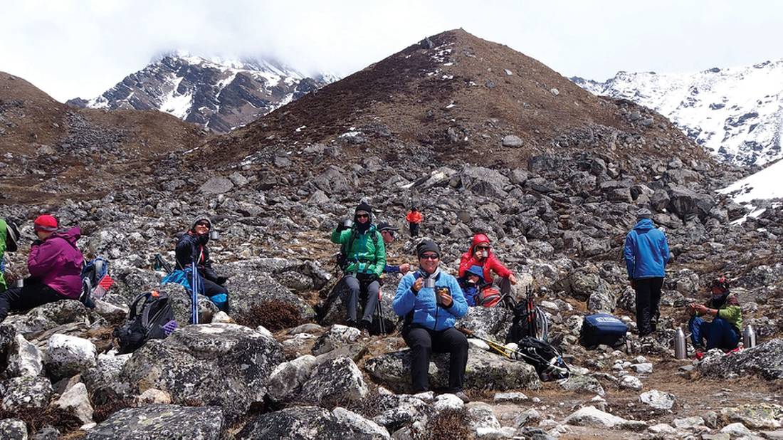 Enjoying tea and tang in Gokyo Valley |  <i>Angela Parajo</i>