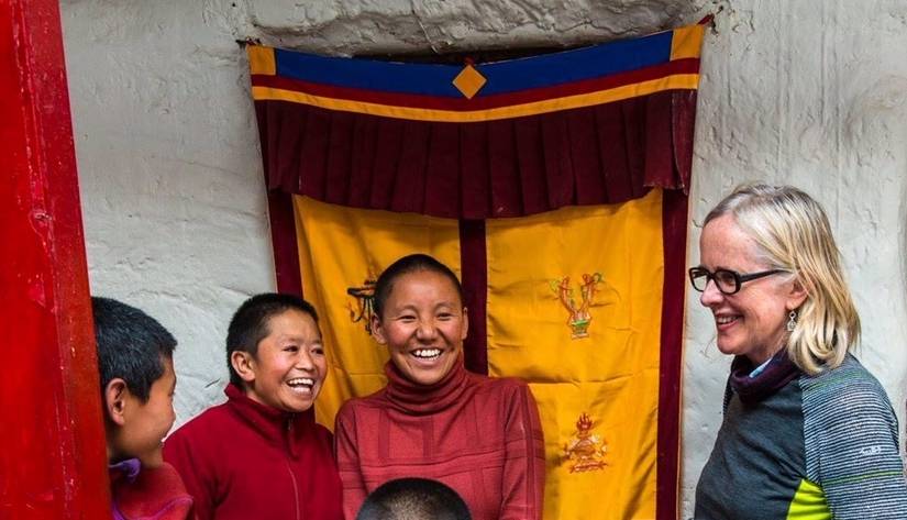 Margie Thomas with students at Lekshey Choeling Nunnery in Tsarang, Upper Mustang | <i>Walter Wagner</i>