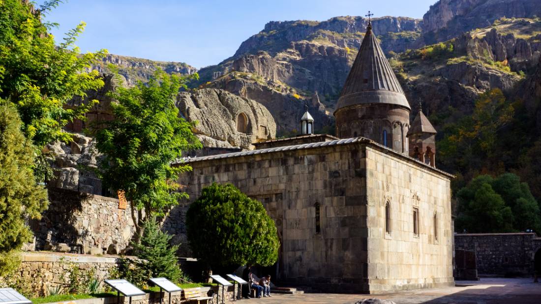 UNESCO listed Geghard, a medieval monastery partially hewn from the mountain.
