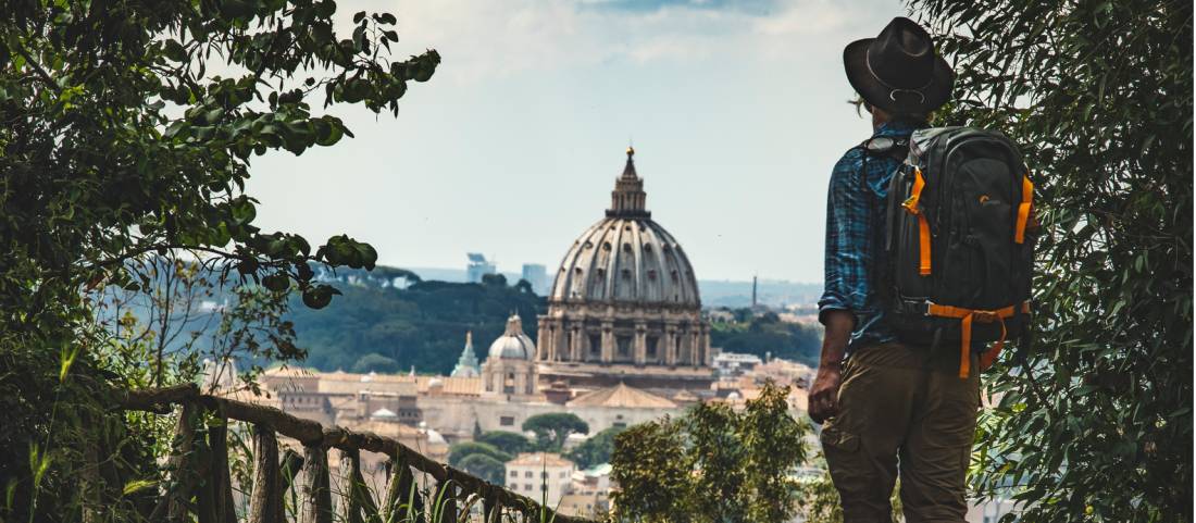 Pilgrim walking into St Peters in Rome at the end of the Via Francigena |  <i>Tim Charody</i>