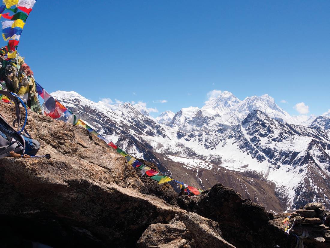 Blue skies overhead as we approach the summit of Gokyo Ri |  <i>Angela Parajo</i>