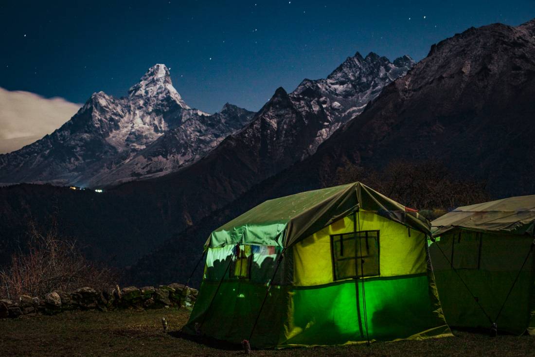 Kyangjuma camp at night with Ama Dablam in the distance |  <i>Tim Charody</i>