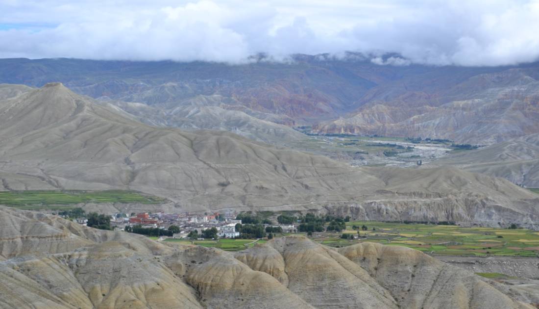 View of Lo Manthang from the pass above the medieval walled city. | <i>Margie Thomas</i>