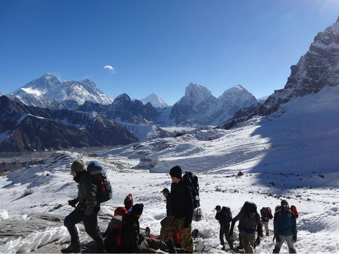 Trekkers walking towards Renjo La