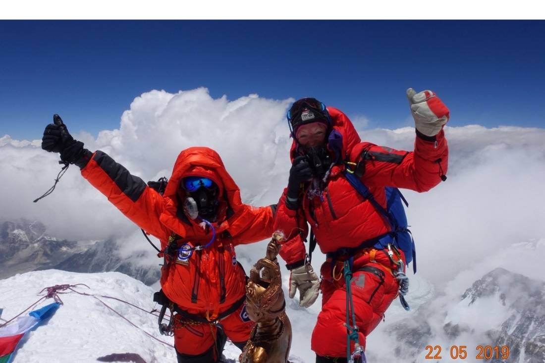 Lydia (R) with client on the summit of Everest, fr Tibet, China, 2019 | <i>Lydia Bradey collection</i>